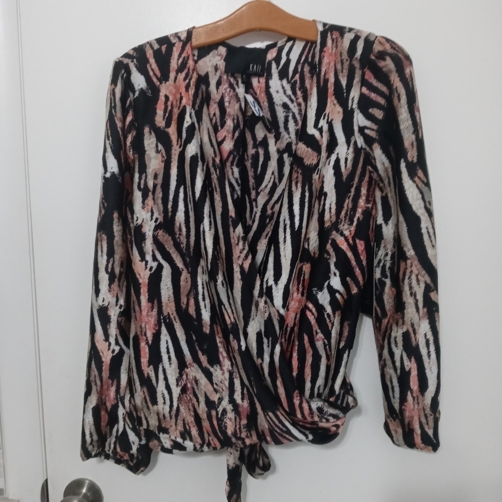 KAII Los Angeles Zebra Stripe Crossover front Tie Back satin long sleeve blouse